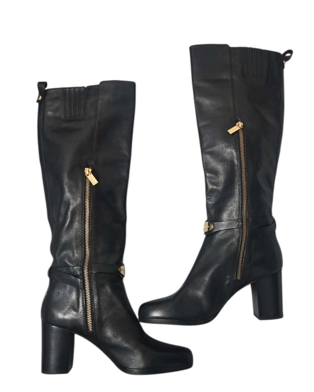 Michael Kors Arley Knee High Boots Size 8M Black Leather Gold Logo Plate